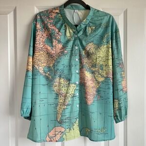 Vintage Style World Map Print Geography Teacher Academic Novelty Top Size XL